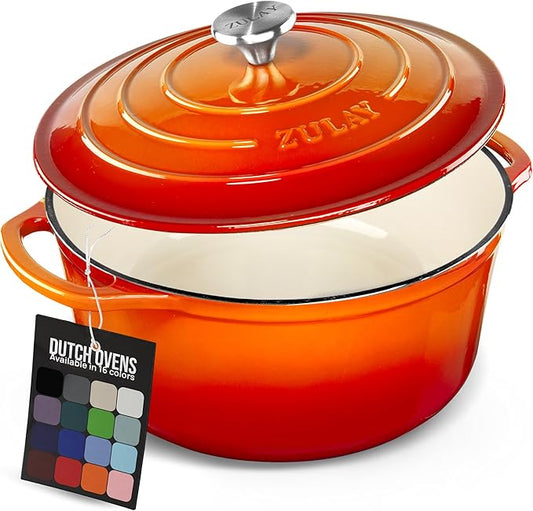 Zulay Kitchen 6 Quart Enameled Cast Iron Dutch Oven Pot with Lid – Premium Durability & Oven Safe up to 500°F – Heavy Duty Cookware Perfect for Bread Baking, Stews, Braising & Roasting – Orange