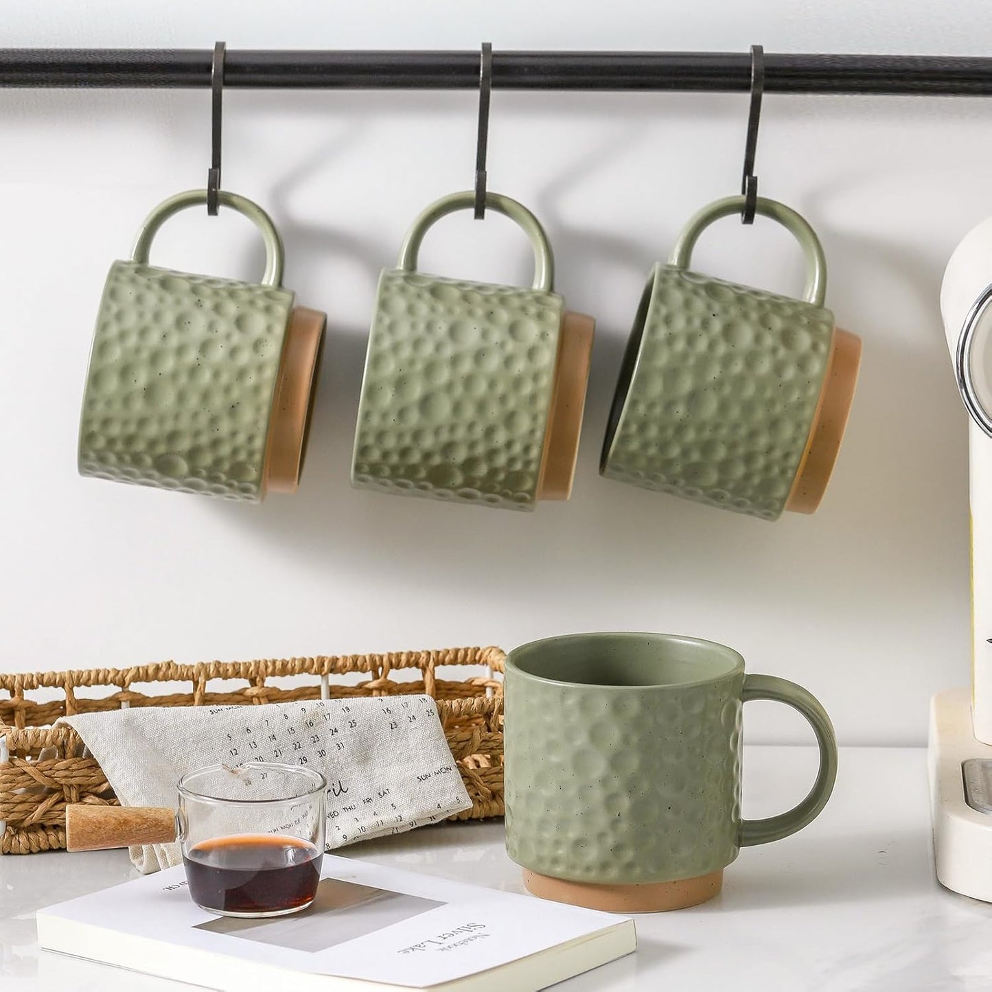 Nihow 16OZ Stackable Coffee Mug Set, Large Ceramic Coffee Mug Set of 4,Coffee Cup Set for Cappuccino/Latte/Cocoa,Dishwasher & Microwave Safe, Matte Green