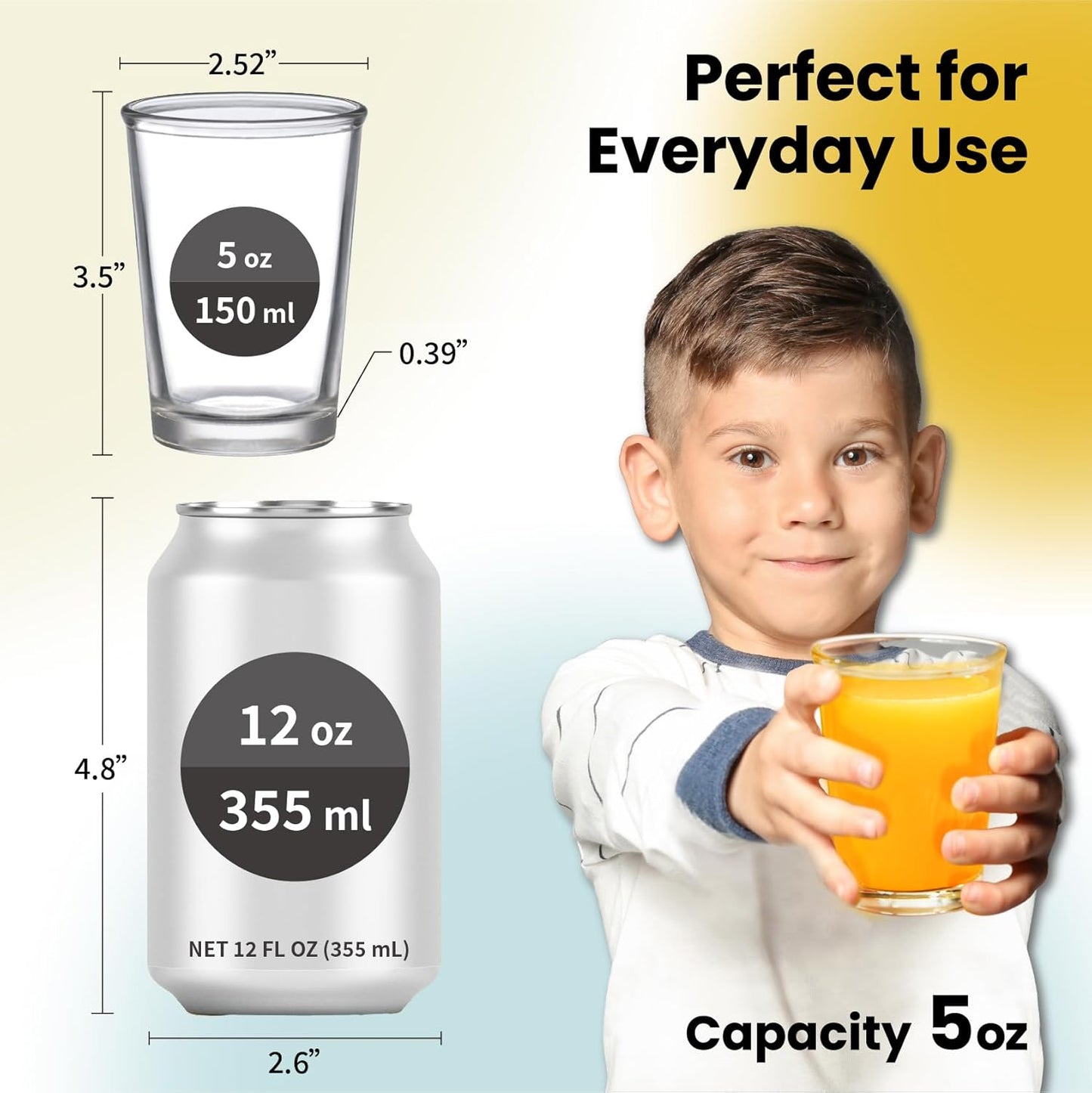 SOUL ONE 4.5 oz Small Juice Glasses, Set of 6, Stackable Heavy Based Drinking Glasses, Kids Small Drinking Glassware for Orange Juice, Water, Milk, Coffee