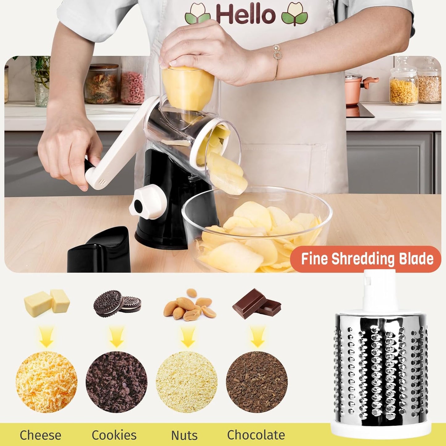 X Home Rotary Cheese Grater for Kitchen, Shredder with 3 Interchangeable Blades, Rotary Grater with Handle and Strong Suction Base, for Vegetables, Fruit, Nuts, Easy to Use and Clean, Black