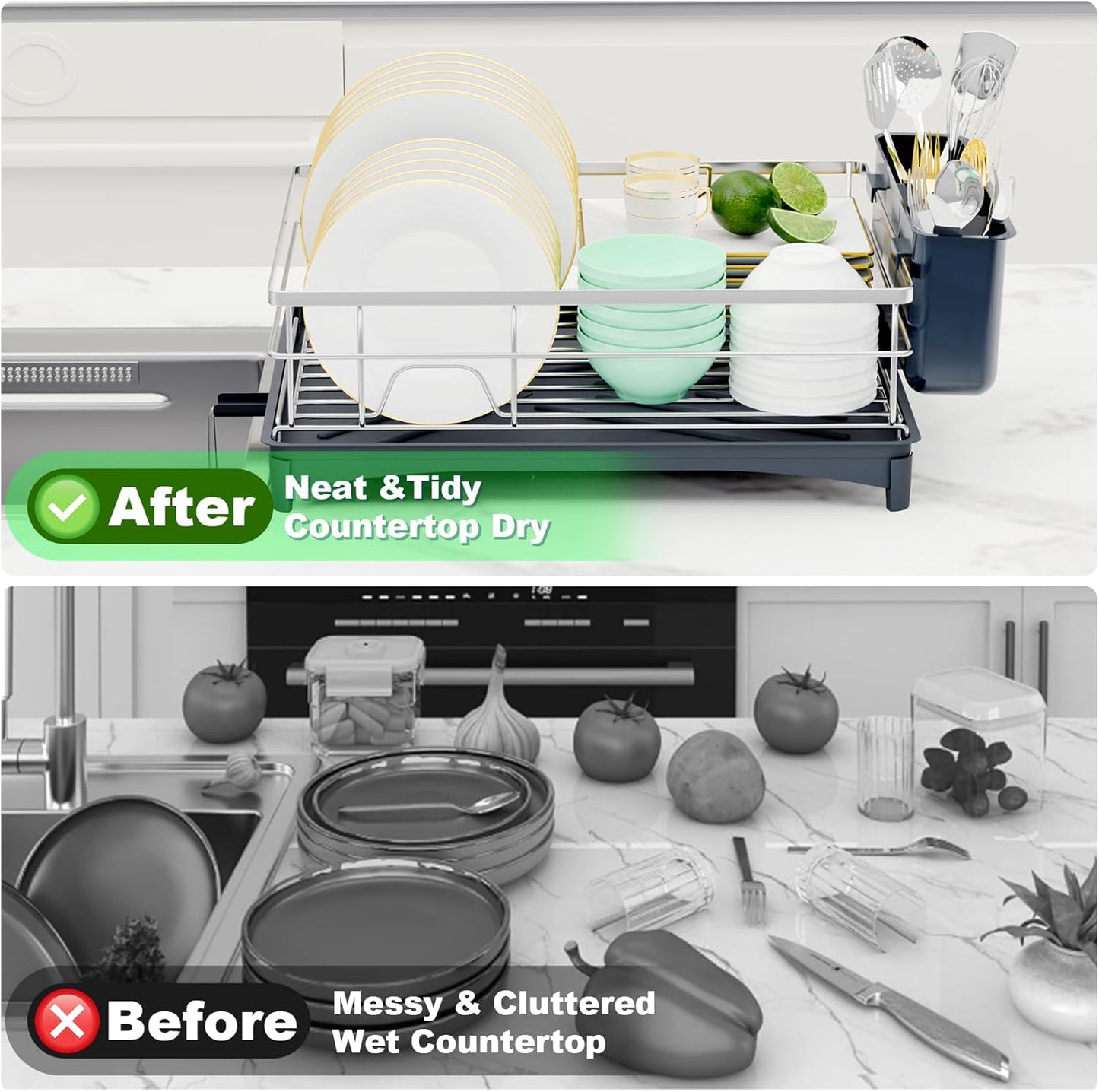 Dish Drying Rack, Large Capacity Dish Drainers for Kitchen Counter with Removeable Cutlery Holder, Rustproof & Sturdy Auto-Drain Multifunctional Organizer for Plates,Cups,knife fork Storage Essentials