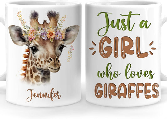 Hyturtle Personalized Gifts Giraffe Lover - Just A Girl Who Loves Giraffes Custom Name Ceramic Coffee Mug Cup 11oz - Idea Cute Animal Lover Gifts For Women, Girl Daughter On Birthday, Christmas