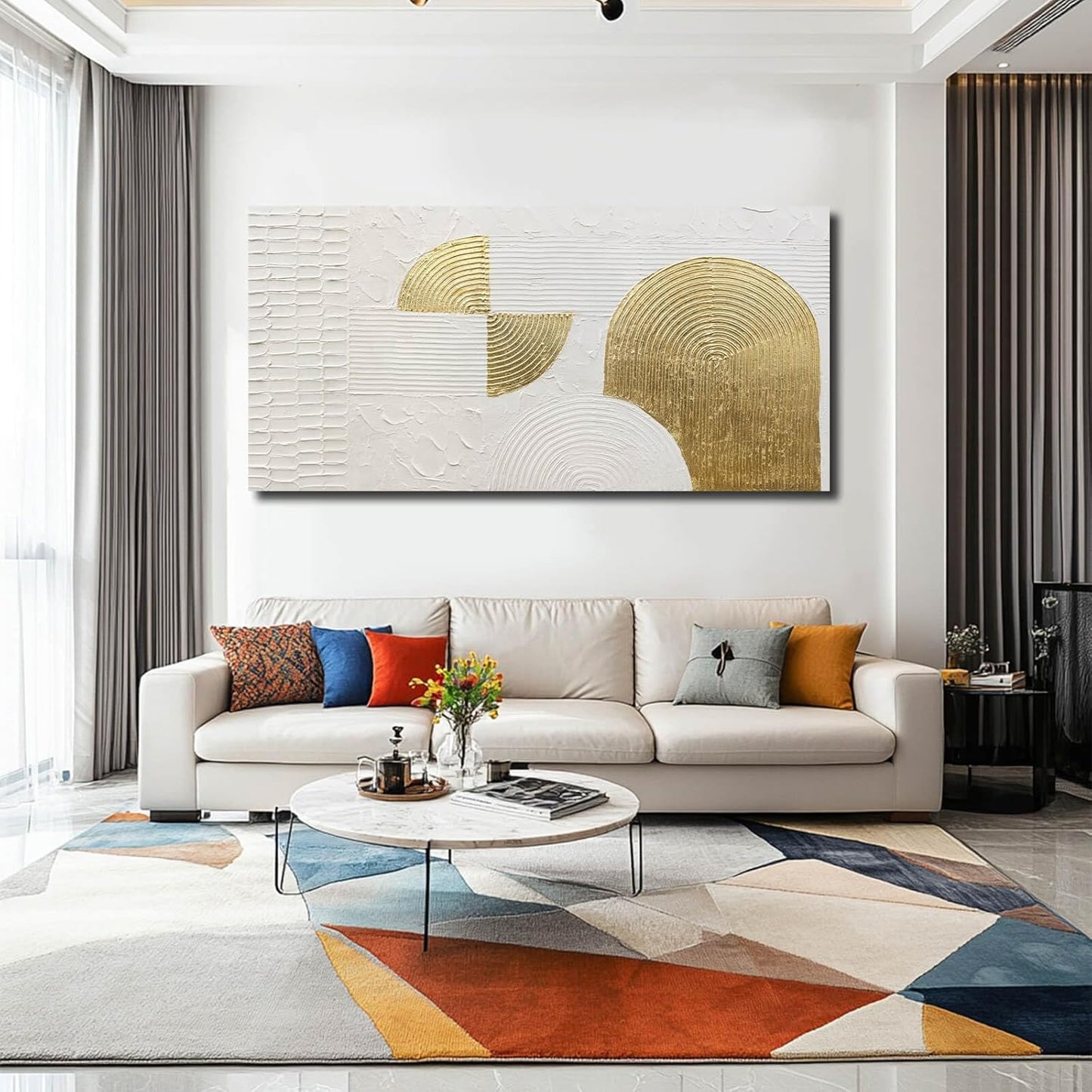 VAYIMDH Geometric Canvas Wall Paintings White and Gold Wall Art Contemporary Wall Decor 29"x58" Large Canvas Wall Art for Living Room Kitchen Artwork