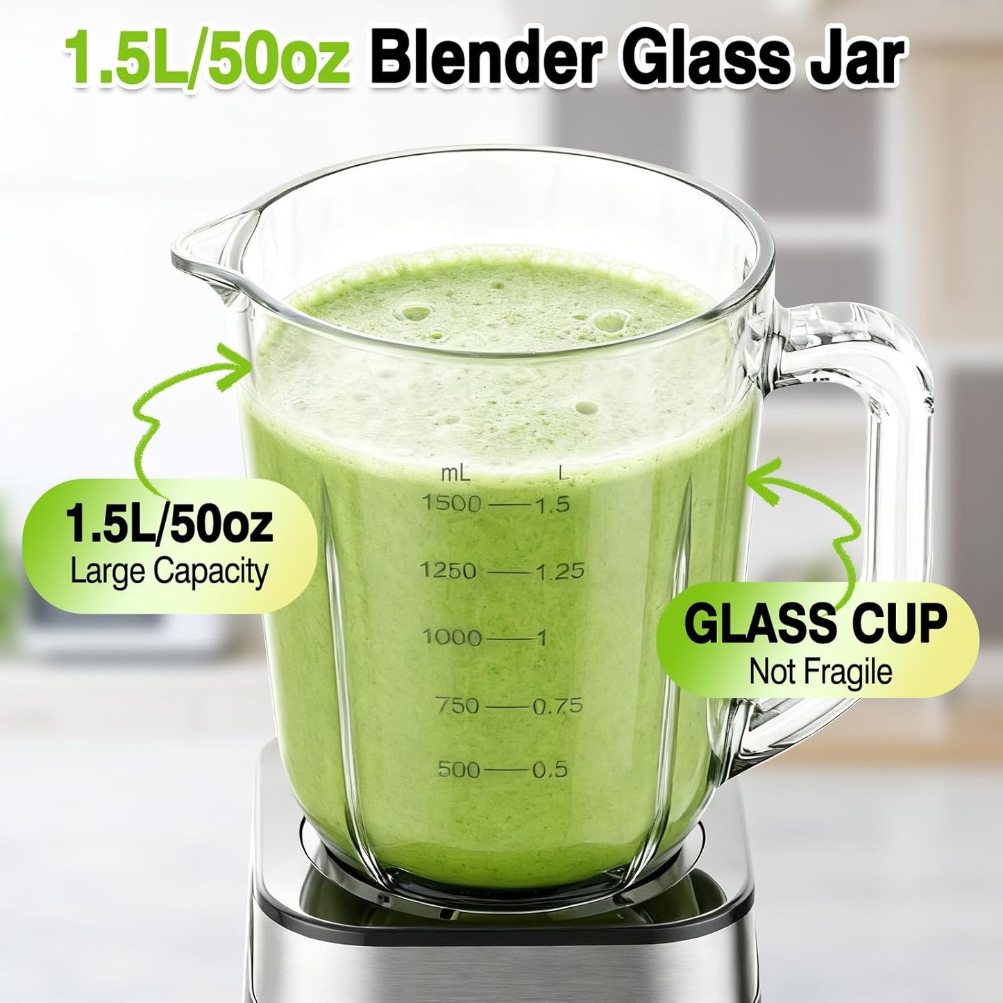 OMMO Blender, Professional Smoothie Blender with 4 Stainless Steel Blades, 50oz Glass Blenders for Kitchen with 2 Speed&Pulse, Dishwasher Safe for Ice Crush, Smoothies, Nuts, Frozen Drinks and Fruits