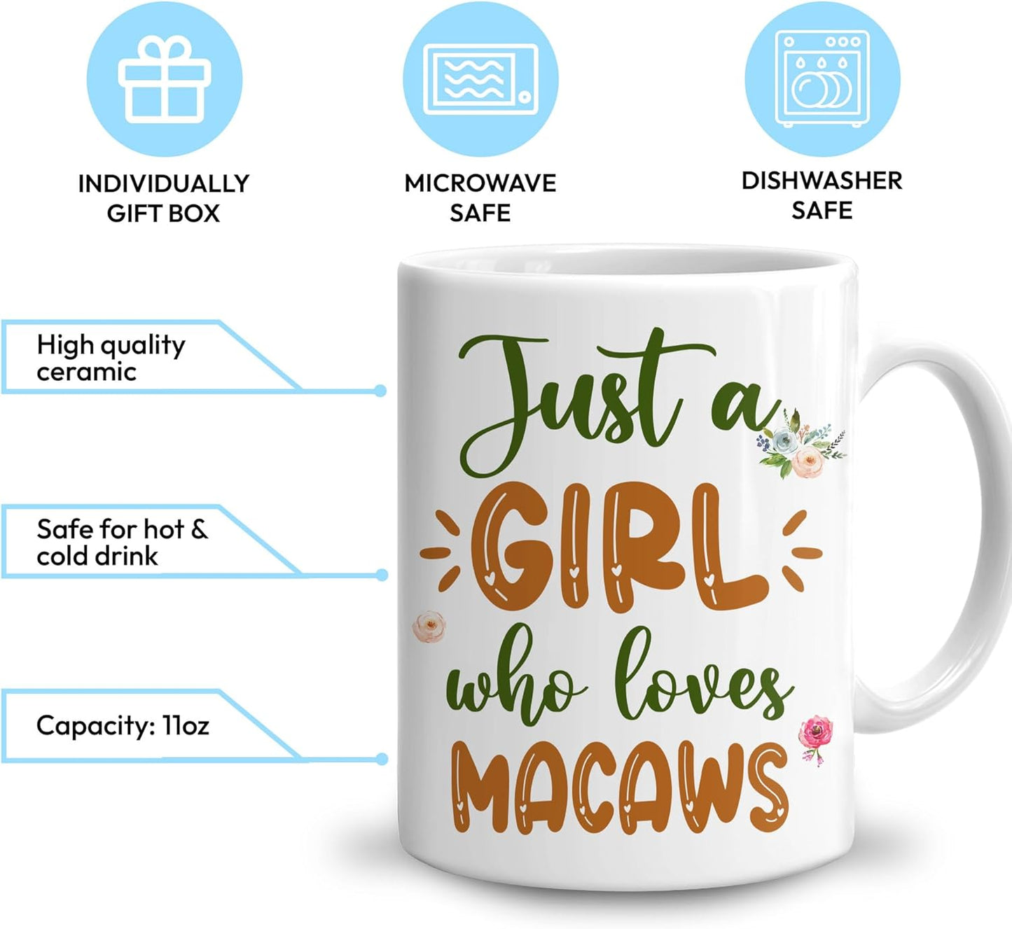 Hyturtle Personalized Gifts Macaw Lover - Just A Girl Who Loves Macaws Custom Name Ceramic Coffee Mug Cup 11oz - Idea Cute Animal Lover Gifts For Women, Girl Daughter On Birthday, Christmas