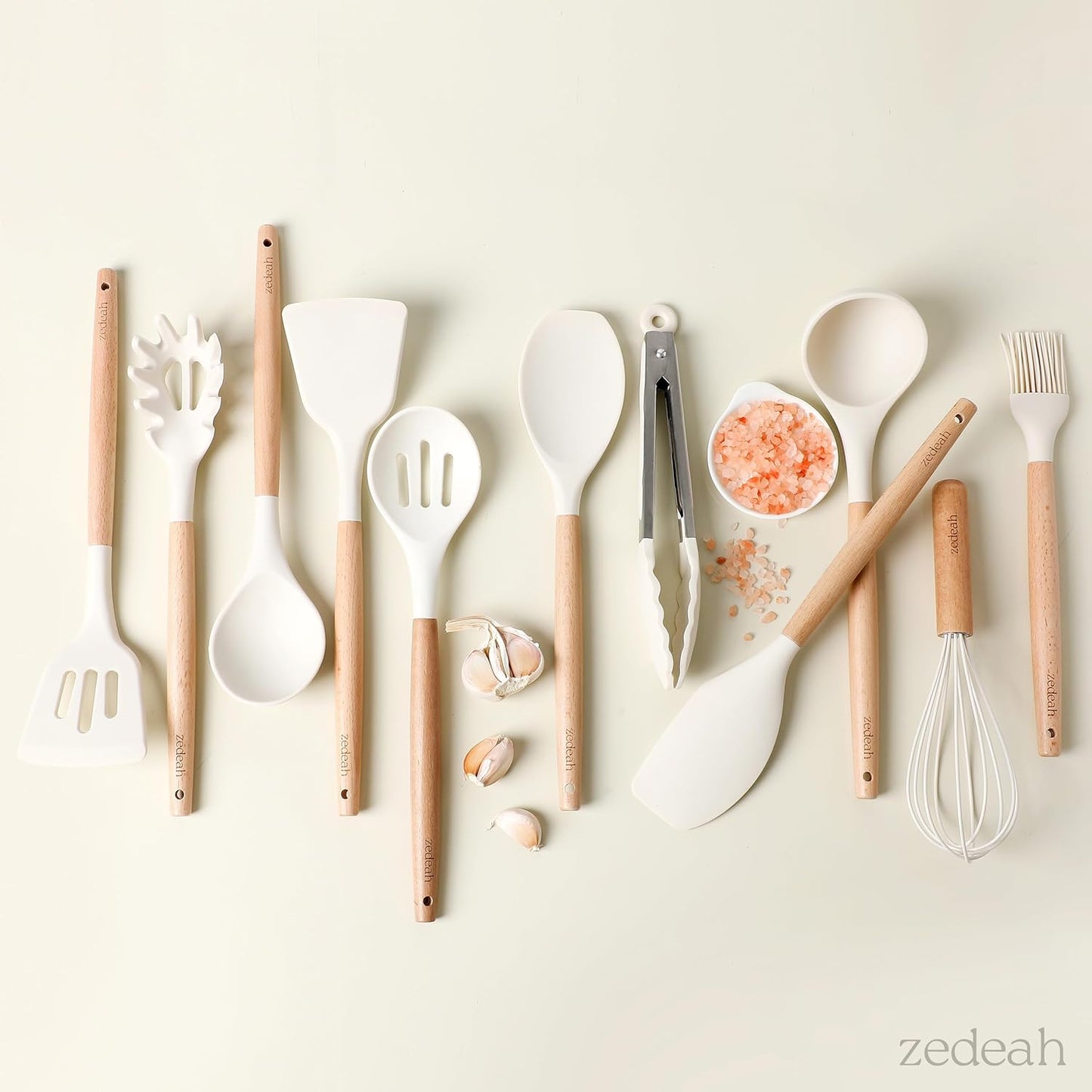 11-Piece Silicone Kitchen Utensil Set with Spatulas, Tongs, Whisk, Turner & Ladle – Heat Resistant, Non-Scratch Cooking Tools with Wooden Handles, Dishwasher Safe, BPA-Free (Beige)