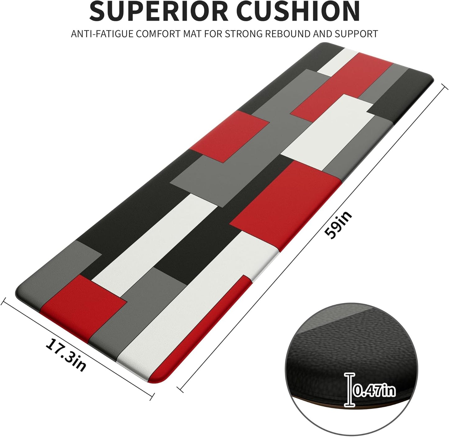 Black Red Grey White Kitchen Rug Anti-Fatigue Kitchen Mat for Floor Abstract Art Geometric Waterproof Non-Slip Kitchen Mat and Rug PVC Kitchen Floor Rug Mat for Home Sink Laundry, 17.3"x 59"