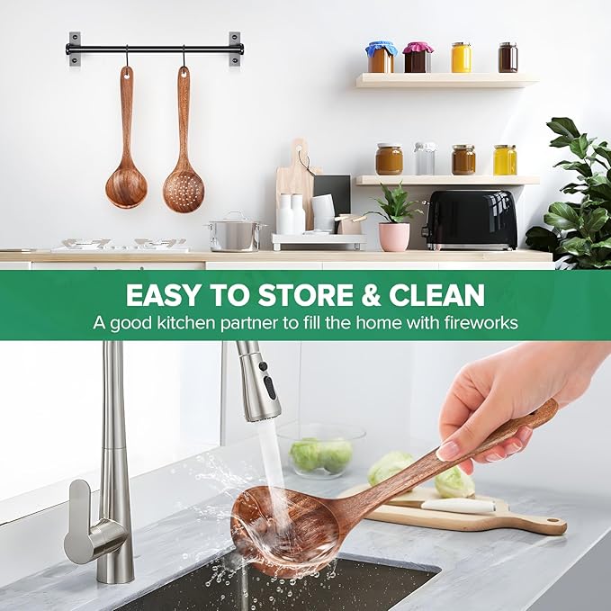 Wooden Soup Spoon for Cooking, Teak Acacia Soup Ladle, Non-Toxic Natural Wood Serving Spoon for Gravy Sauce Porridge, Long Handle Deep Scooper Server Utensil, No-Scratch Cookware Surface,10.6″