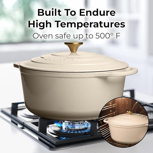 Zulay Kitchen 7.7 Quart Enameled Cast Iron Dutch Oven Pot with Lid – Premium Durability & Oven Safe up to 500°F – Heavy Duty Cookware Perfect for Bread Baking, Stews, Braising & Roasting – Ivory