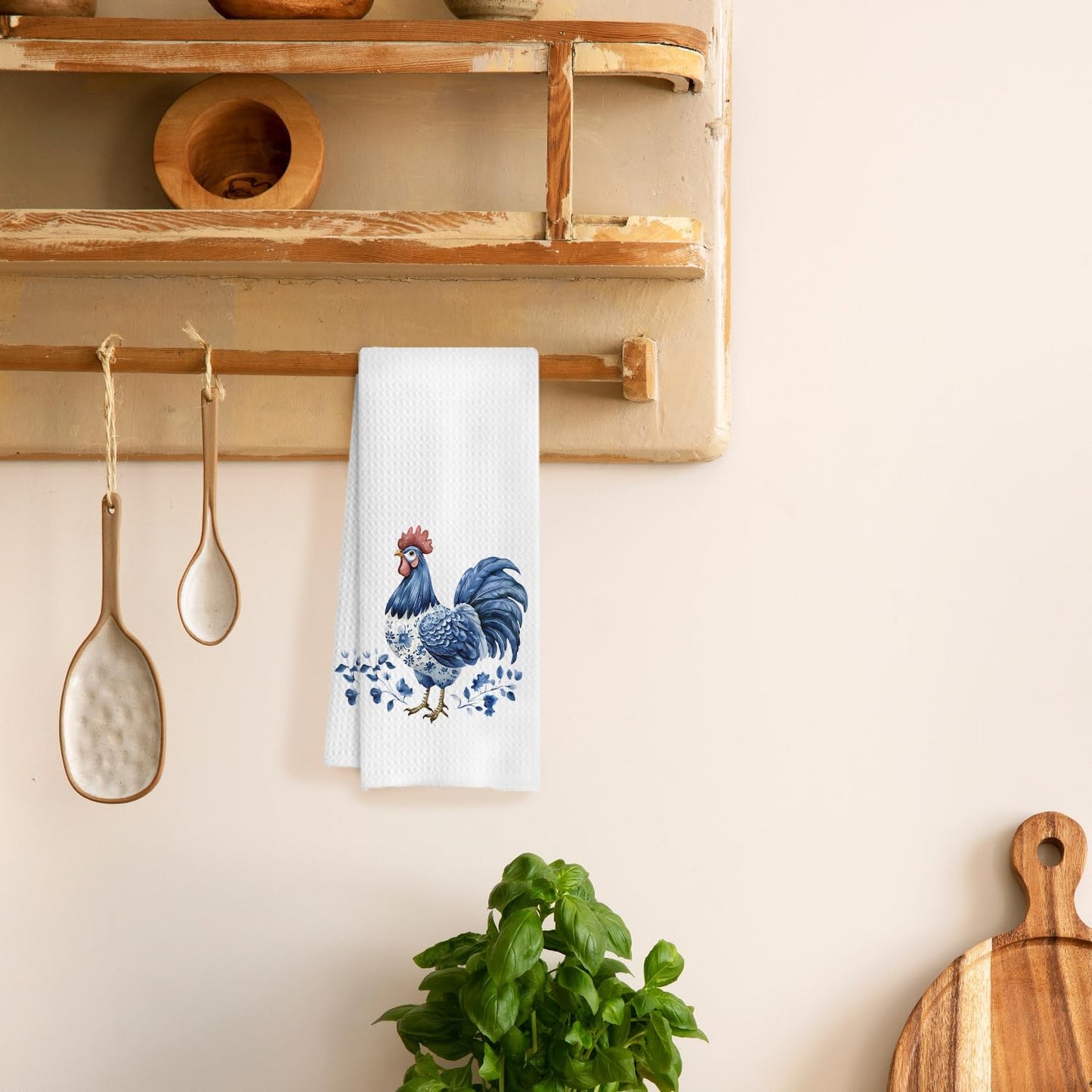 Chinoiserie Chicken Kitchen Towels, Chicken Lover Mom Lady Gifts Decorative Dish Tea Towels for Kitchen, Blue and White Floral Hen Hand Towels for Bathroom, 16x24 Inches