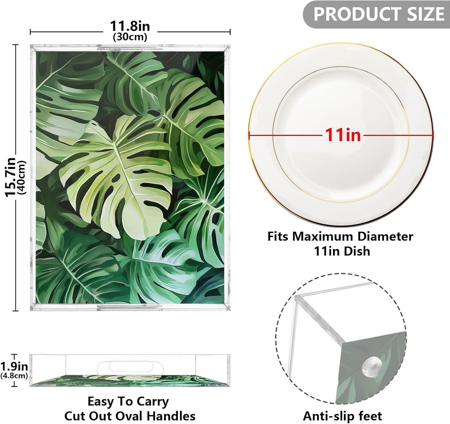 Acrylic Serving Tray with Handles Spill Proof Kitchen Storage Tray Clear Decorative Tray Makeup Drawer Organizer Storage Tray for Bathroom Living Room Ottoman 15.7x11.8Inches