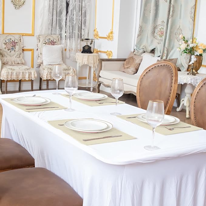 Linen Fabric Placemats Set of 4, Machine Washable, Heat Resistant, Wrinkle Free, Thick Polyester Kitchen Place Mats for Dining Table (Beige)