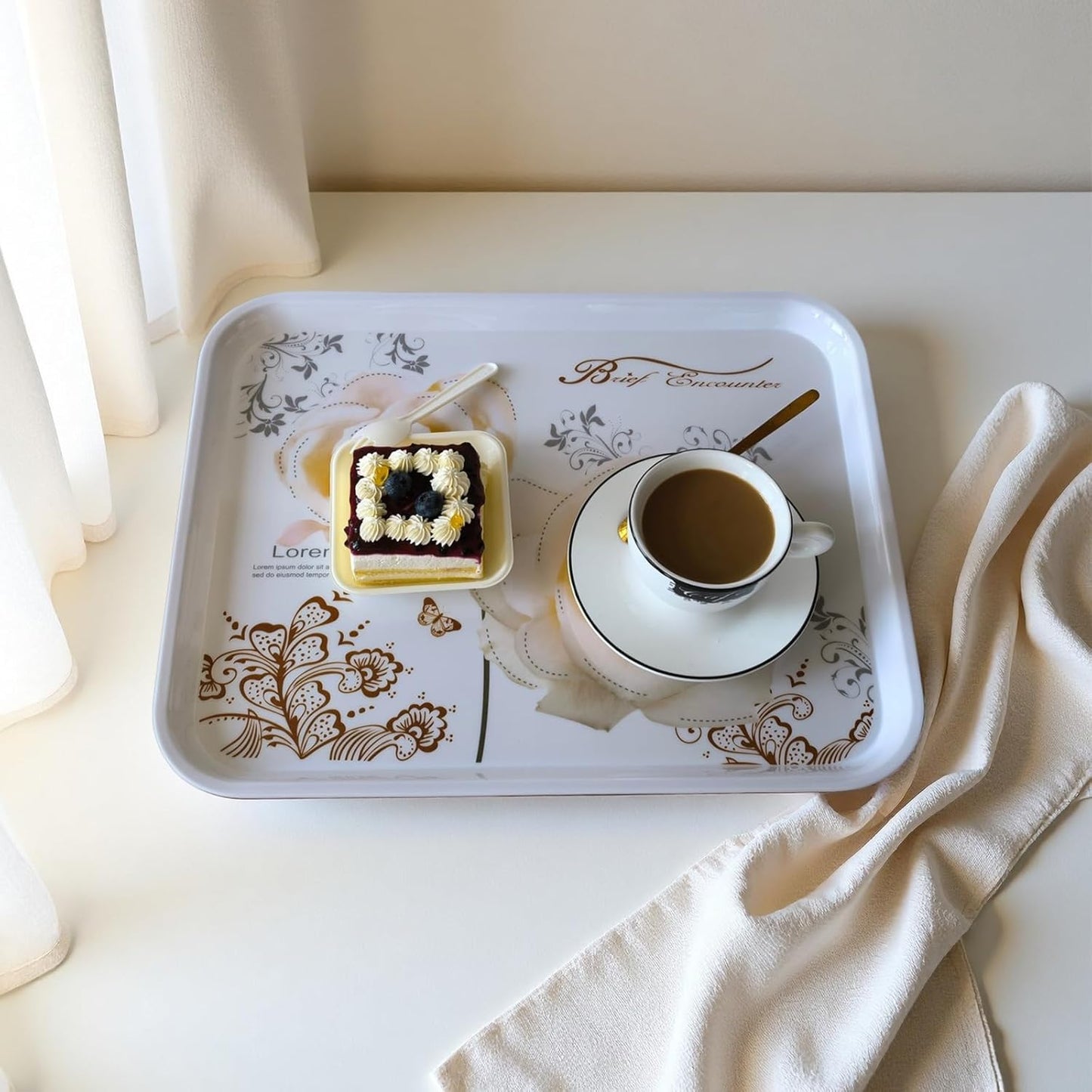 Large Serving Platter Melamine Trays 2 Pack Stackable Food Tray with Floral Print for Gift, Party, Decor, Home, Restaurant (Gold Rose, Medium)