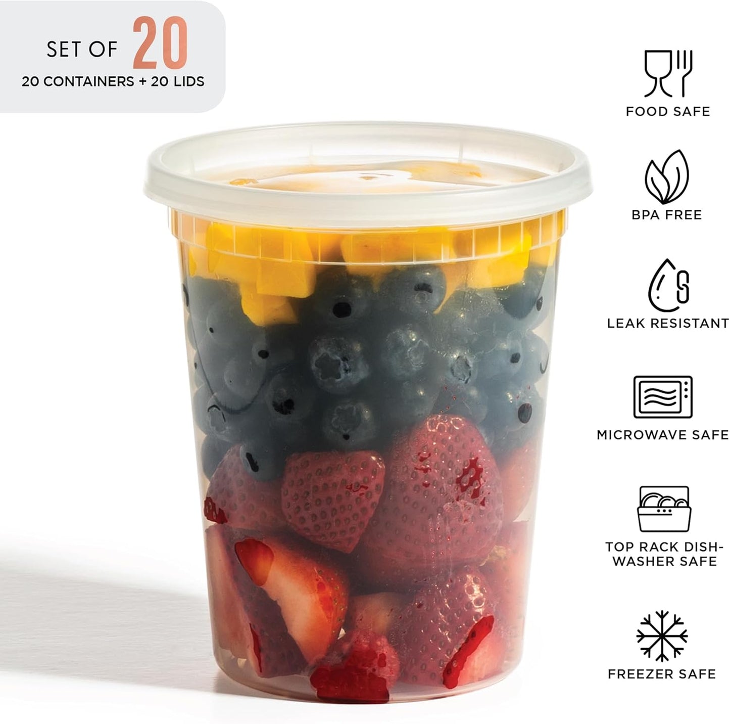 BINO | 32 Oz Deli Containers with Lids - 20 Pack | Food Storage Containers with lids | Freezer Safe, Microwaveable Plastic Containers with Lids for Meal Prep, Leftovers, Soups, Salads Takeout Catering