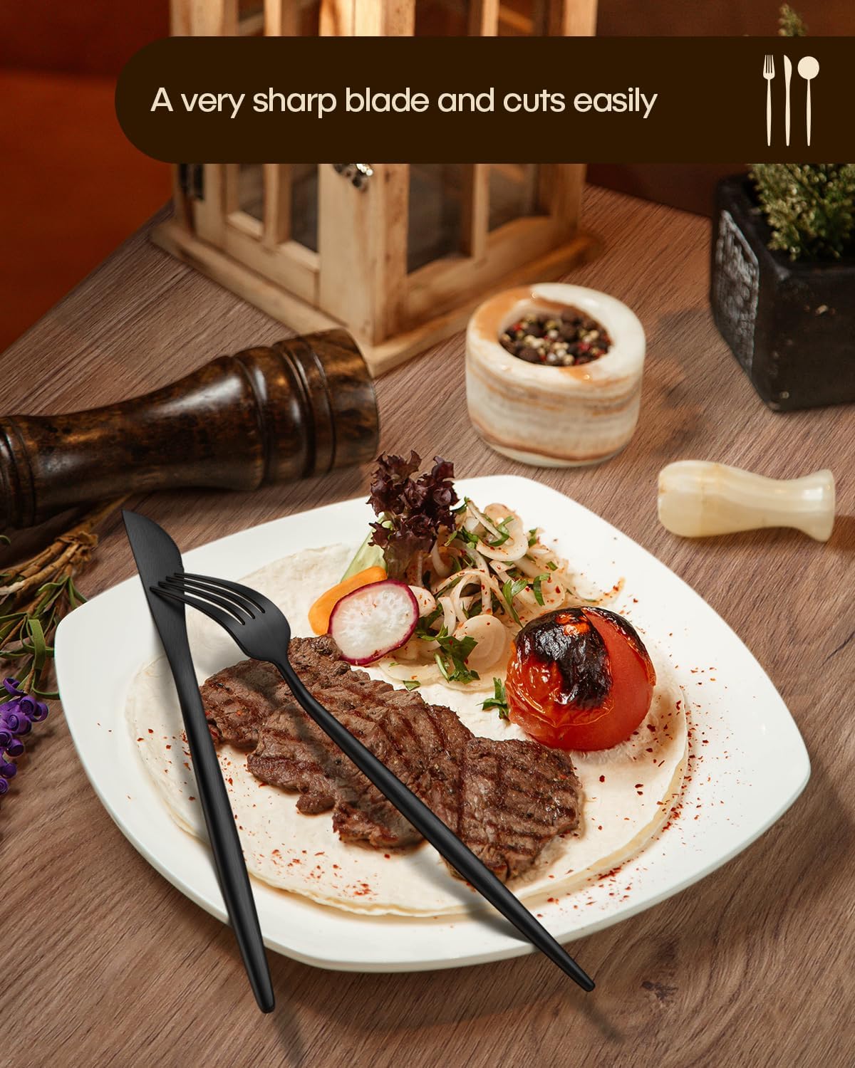 Stapava 60-Piece Matte Black Silverware Set, Stainless Steel Flatware Set for 12, Satin Finish Tableware Cutlery Utensils Set, Include Forks Spoons and Knives Set for Home Restaurant, Dishwasher Safe