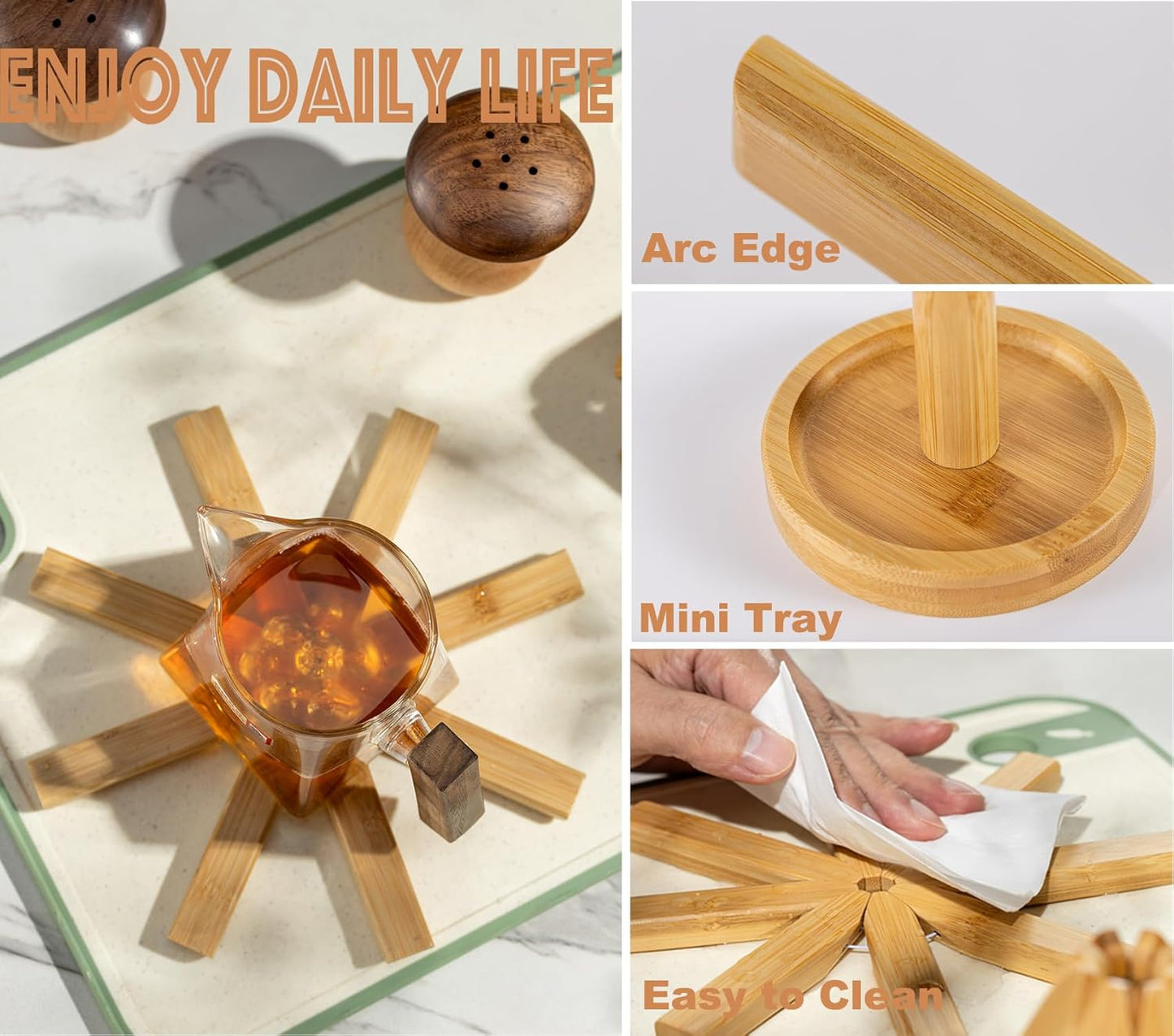 8" Bamboo Tree Trivets Set with Mini Tray (3 Trivets+1 Stand), Heat Resistant Pot Holders Serving Mats for Kitchen Countertops/Table, Bamboo