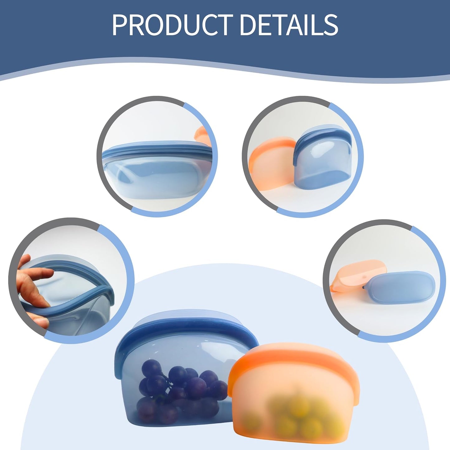 Silicone Storage Bags Reusable Food Storage bag 34oz/17oz 2pcs Dual-Zip Leakproof Seal Wide Stand-Up Base Dual-Texture Dishwasher & Microwave Safe, BPA Free