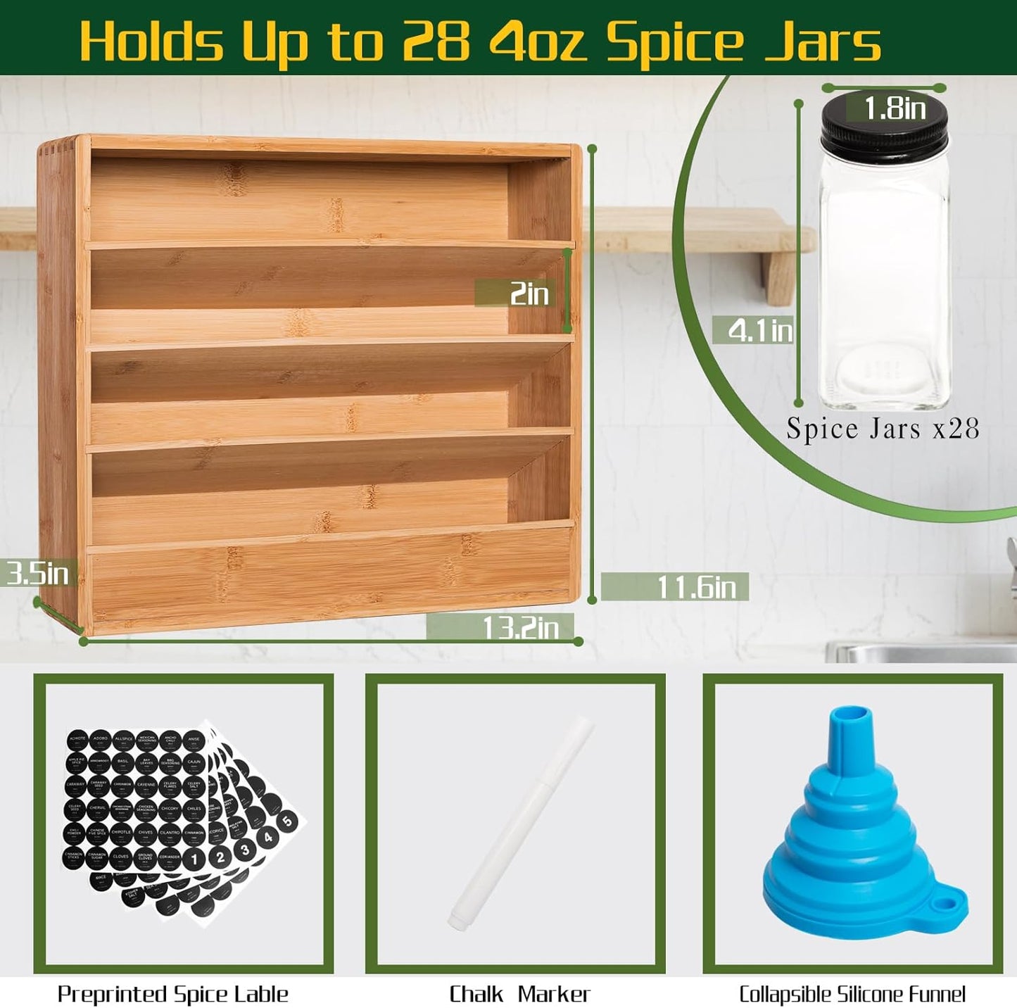 Bamboo Tiered Spice Rack Organizer for Cabinet,Wooden Seasoning Rack for Countertop, Cupboard, Pantry, Kitchen (Spice Jars Included)