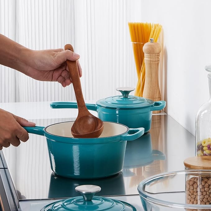 1 Qt & 2 Qt Sauce Pan Sets, Leonyo Enameled Cast Iron Sauce Pan with Lid, Small Saucepan Cast Iron Dutch Oven Kitchen Cookware for All Cooktops Cooking Pasta, Milk, Oatmeal - Up to 500°F, Lake Green