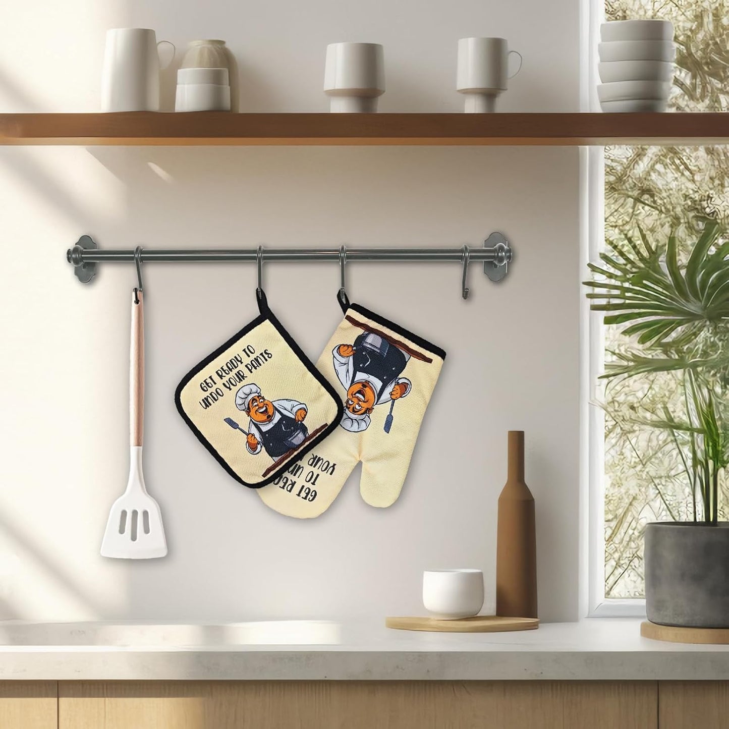 Funny Oven Mitts and Pot Holders Set Get Ready to Undo Your Pants Silicone Non-Slip Oven Mitts Humor Heat Resistant Mitts with Hanging Loop Novelty Kitchen Gifts for Chef Cook Lover Friend