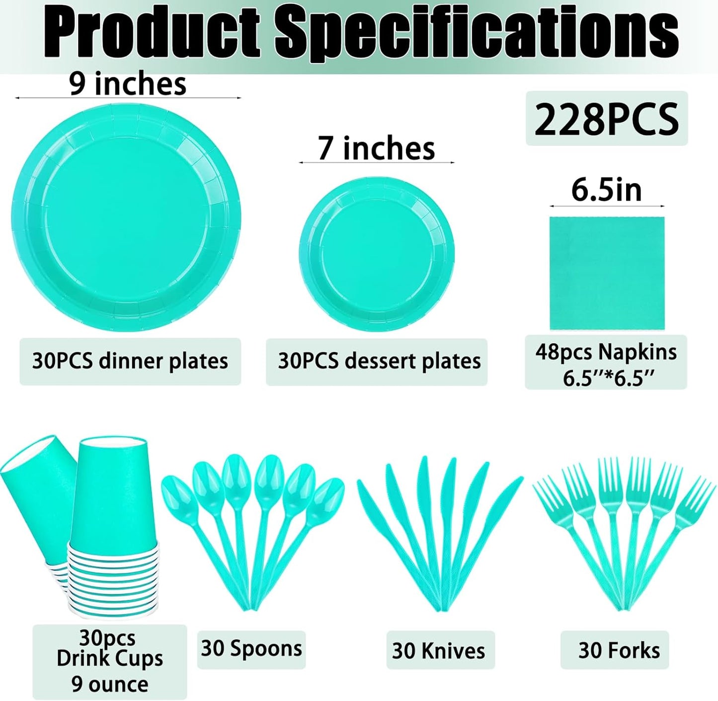 TWOWYHI 228PCS Teal Blue Party Supplies Set Include Paper Plates Cups Teal Blue Napkins Plastic Spoons Forks Knives for 30 Guests Disposable Party Dinnerware for Birthday Wedding Family Picnic