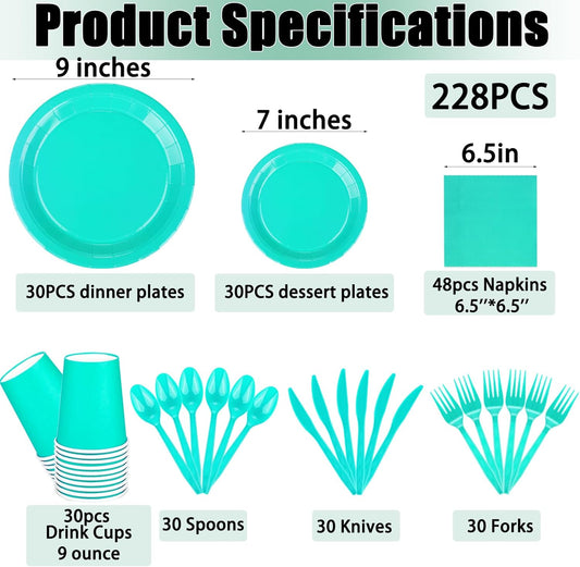 TWOWYHI 228PCS Teal Blue Party Supplies Set Include Paper Plates Cups Teal Blue Napkins Plastic Spoons Forks Knives for 30 Guests Disposable Party Dinnerware for Birthday Wedding Family Picnic