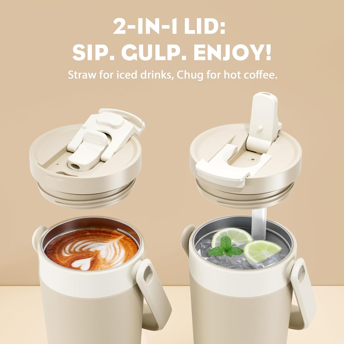 16 oz Insulated Coffee Mug for Office: 2-in-1 Straw Flip Lid, Keep Cold 24H, Fit in Car Cupholder, Leakproof, Stainless Steel Coffee Tumbler with Handle for Travel, Sports, Gifts and Home (Oat)