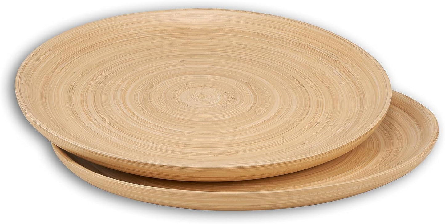 LEXA 12" Handcrafted 2PCs Bamboo Round Wooden Serving Tray For Serving Food - Small Wooden Tray For Ottoman Coffee Table Tray - Charcuterie Wood Trays Home Decor - Decorative Tray For Kitchen Counter