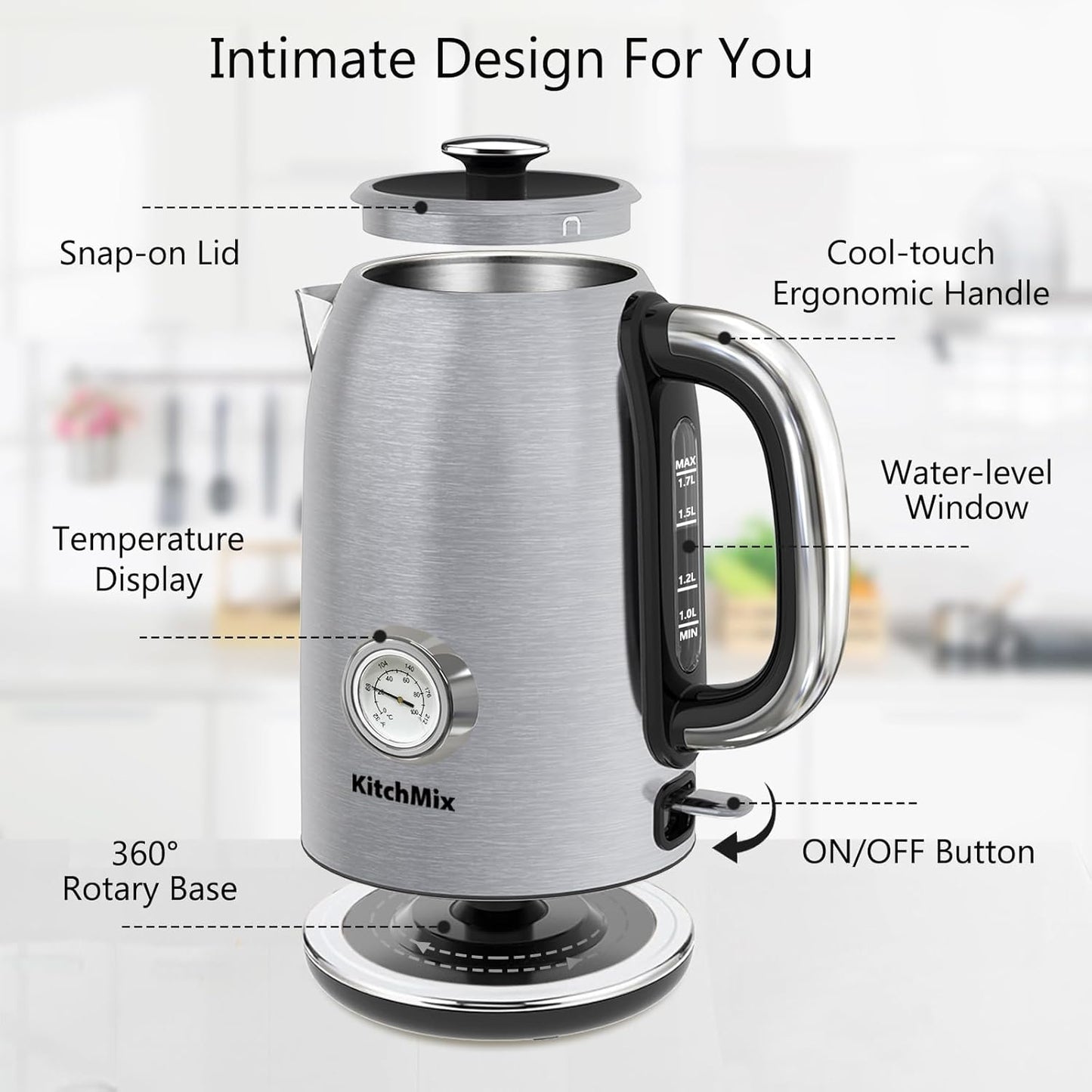 Electric Tea Kettles1500W, 1.7L Stainless Steel Tea Kettle with Thermometer, Auto Shut-Off & Boil-Dry, Cool Touch Handle, BPA Free (Stainless steel)