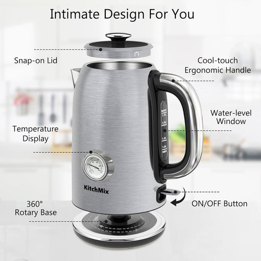 Electric Tea Kettles1500W, 1.7L Stainless Steel Tea Kettle with Thermometer, Auto Shut-Off & Boil-Dry, Cool Touch Handle, BPA Free (Stainless steel)