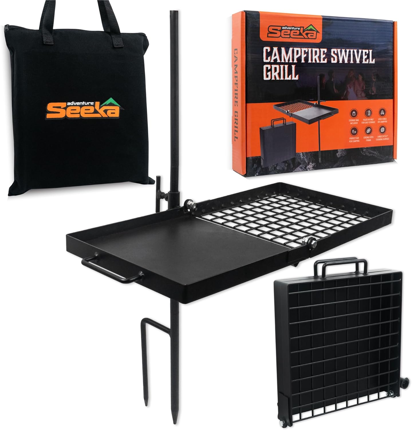 24" Heavy Duty Folding Campfire Grill, Compact Swivel Grill Design, Food-Safe Cooking Surface, Grate & Griddle for Campfire Cooking, Australian Owned