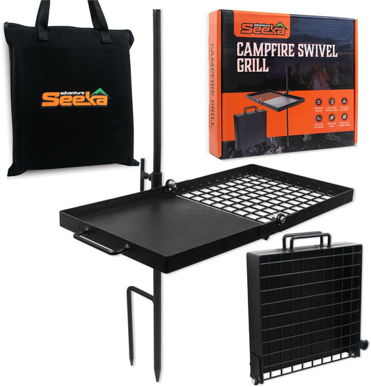 24" Heavy Duty Folding Campfire Grill, Compact Swivel Grill Design, Food-Safe Cooking Surface, Grate & Griddle for Campfire Cooking, Australian Owned