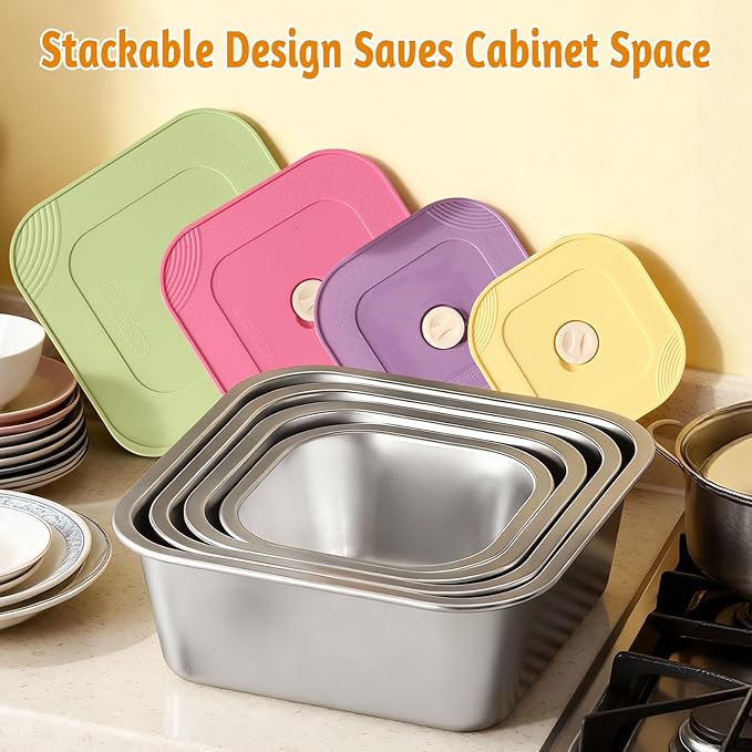 4-Piece Stainless Steel Snack & Lunch Containers with Lids Set, Stackable Metal Food Storage Containers with Lids, Airtight Leakproof Lunch Bento Box, Dishwasher Safe (Size 4.5", 5.5", 6.3", 7")