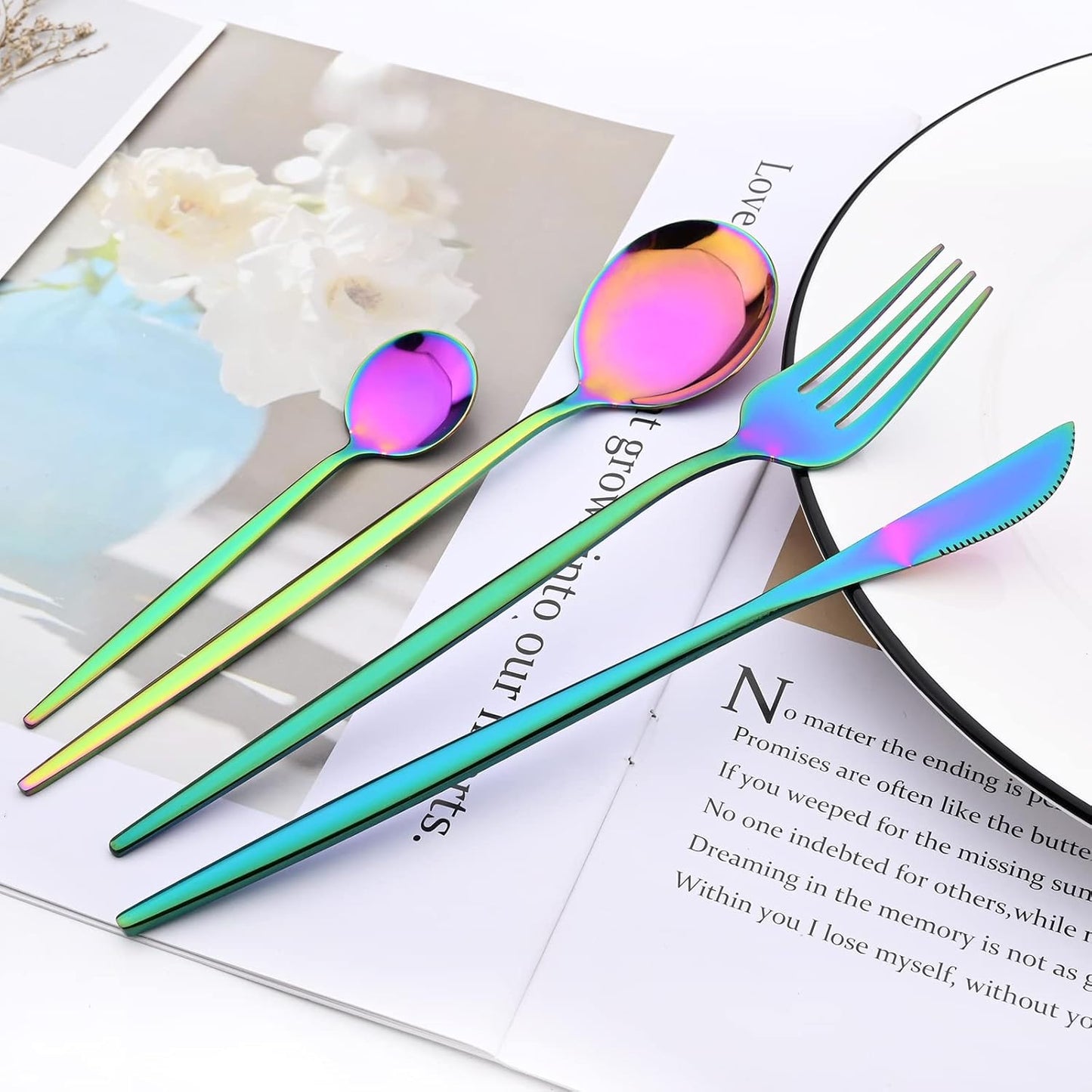 24-Piece Mirror Rainbow Flatware, 18/0 Stainless Steel Dinnerware Set Include Knife Fork Spoon Teaspoon Cutlery Set For Home Restaurant and Party Service For 6, Dishwasher Safe
