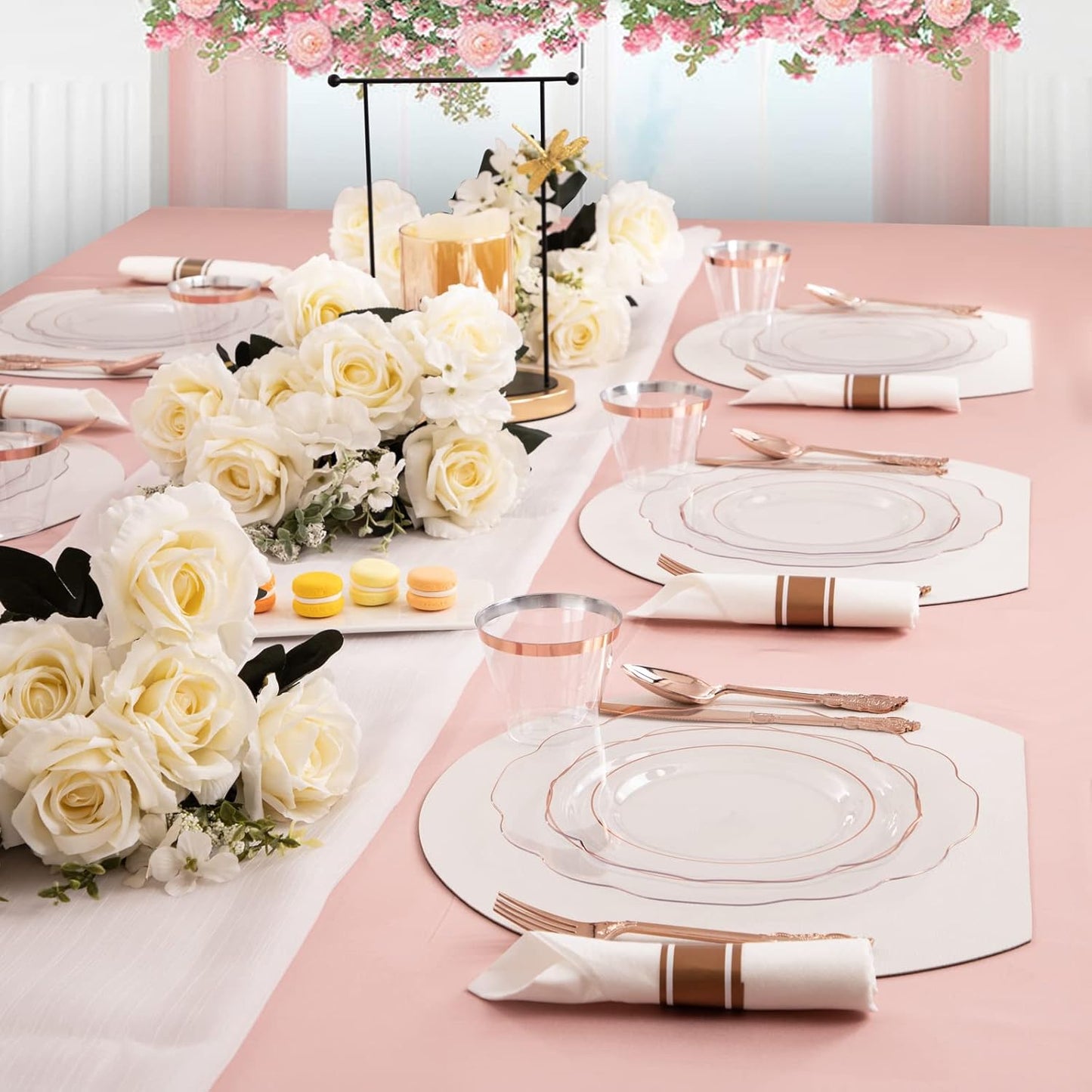 NOCCUR 350PCS Rose Gold Plastic Plates - Clear Rose Gold Disposable Dinnerware Set - Include 100 Dinner/Dessert Plates,50 Cups,50 Pre Rolled Napkins with Cutlery Set - Ideal for Party&Wedding