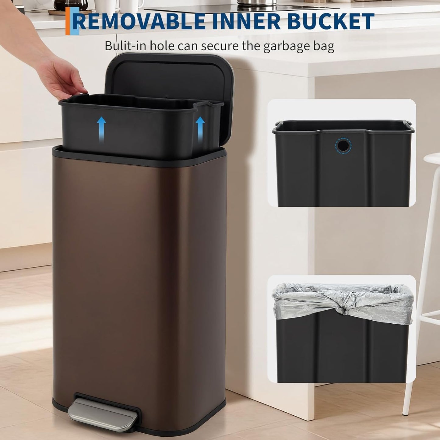 8 Gallon Trash Can for Kitchen, Stainless Steel Garbage Can with Soft-Close Lid, Rectangular Trash Can with Step-On Pedal and Inner Bucket for Home Office Bathroom Living Room, Brown