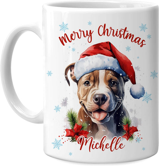Hyturtle Personalized Gifts Dog Lover - Pitbull Merry Christmas Custom Name Ceramic Coffee Mug Cup 11oz - Cute Animal Lovers Gifts For Women, Girl kids Family On Birthday, Christmas