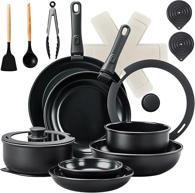 Bonnlo 23 PCS Non-Stick Cookware Set, Aluminum Pots and Pans Set with Removable & Detachable Handles, Induction RV Kitchen Cook Set, Microwave Safe, PFAS PFOA & PFOS Free, for Gift
