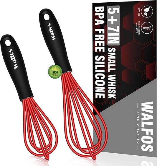 Walfos Mini Whisk Red Small whisk-Non Scatch Rubber Coated Whisk,small silicone whisk 5 & 7 inch Tiny Whisk,Nice for mixing and stirring small batches of powder and sauce in small bowl containers.2pcs