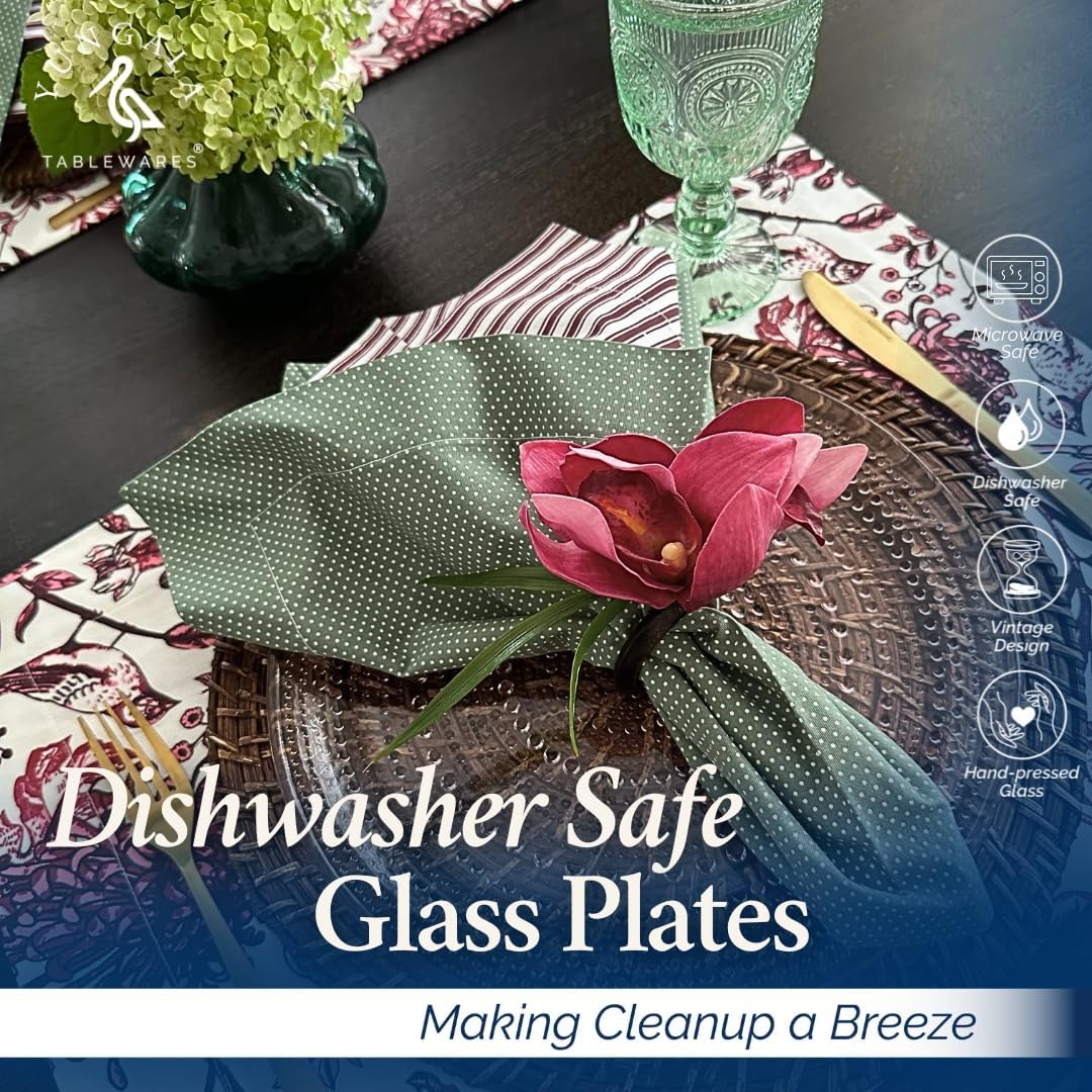 Yungala Set of 4 Vintage Glass Dinner Plates – 10.5" Clear Hobnail Glass Plates, Elegant Dinnerware for Upscale Dining