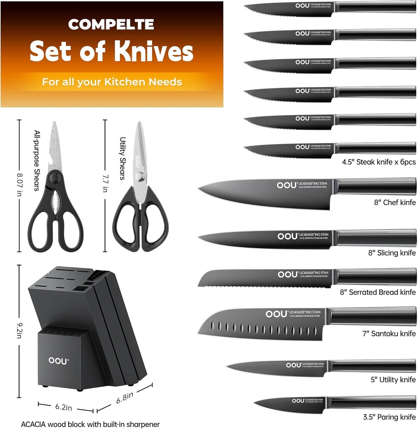OOU Kitchen Knife Block Set - 15 Pieces High Carbon Stainless Steel Chef Knife Sets, Anti-Rust Black Knives Set with Built-in Sharpener Block, Black