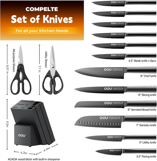 OOU Kitchen Knife Block Set - 15 Pieces High Carbon Stainless Steel Chef Knife Sets, Anti-Rust Black Knives Set with Built-in Sharpener Block, Black