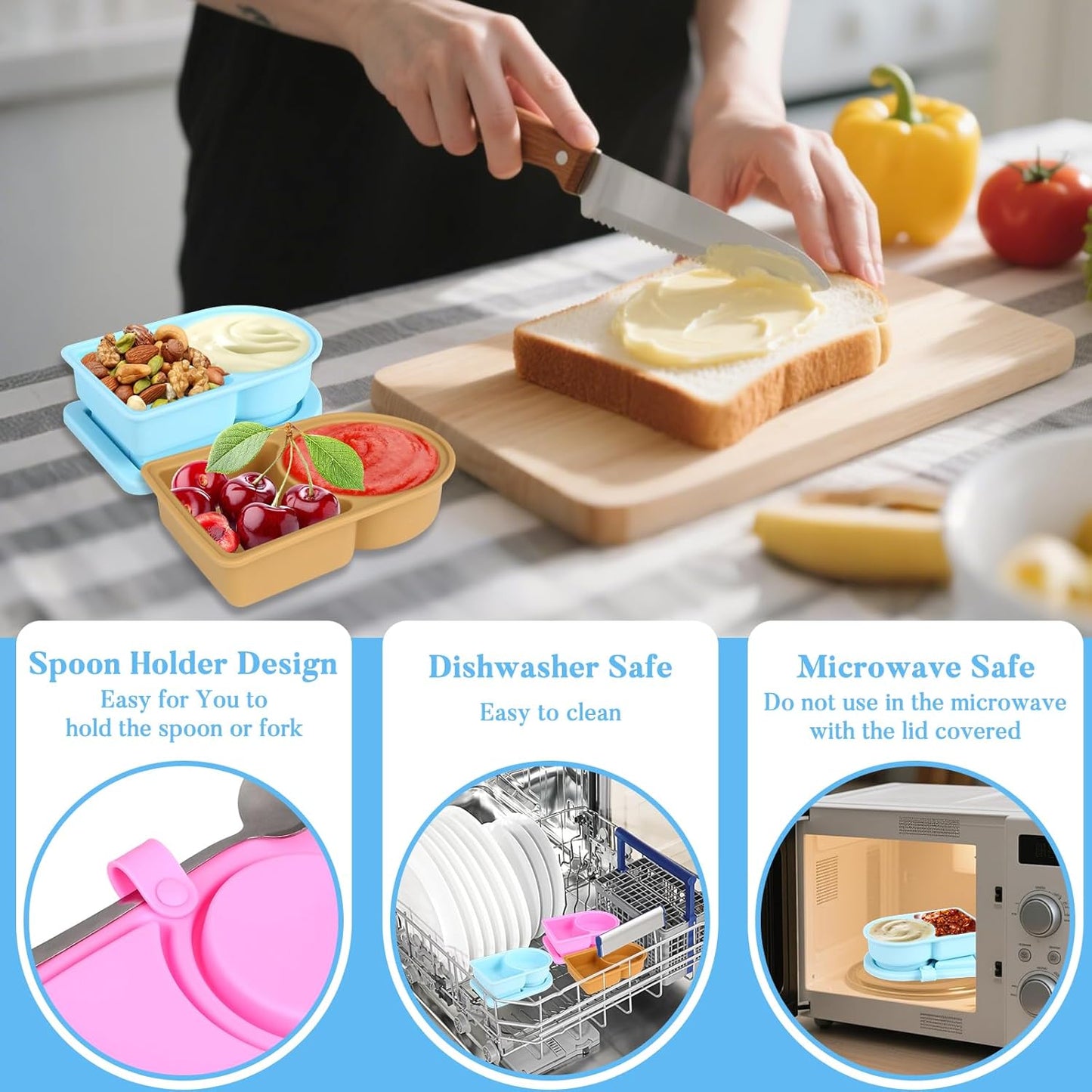 3 Pcs Silicone Snack Containers with Lids, Double Compartment Reusable Snack Containers with Lids and Spoons, Silicone Snack Container Small Mini Food Snack Boxes for Seasoning Salad Sauce