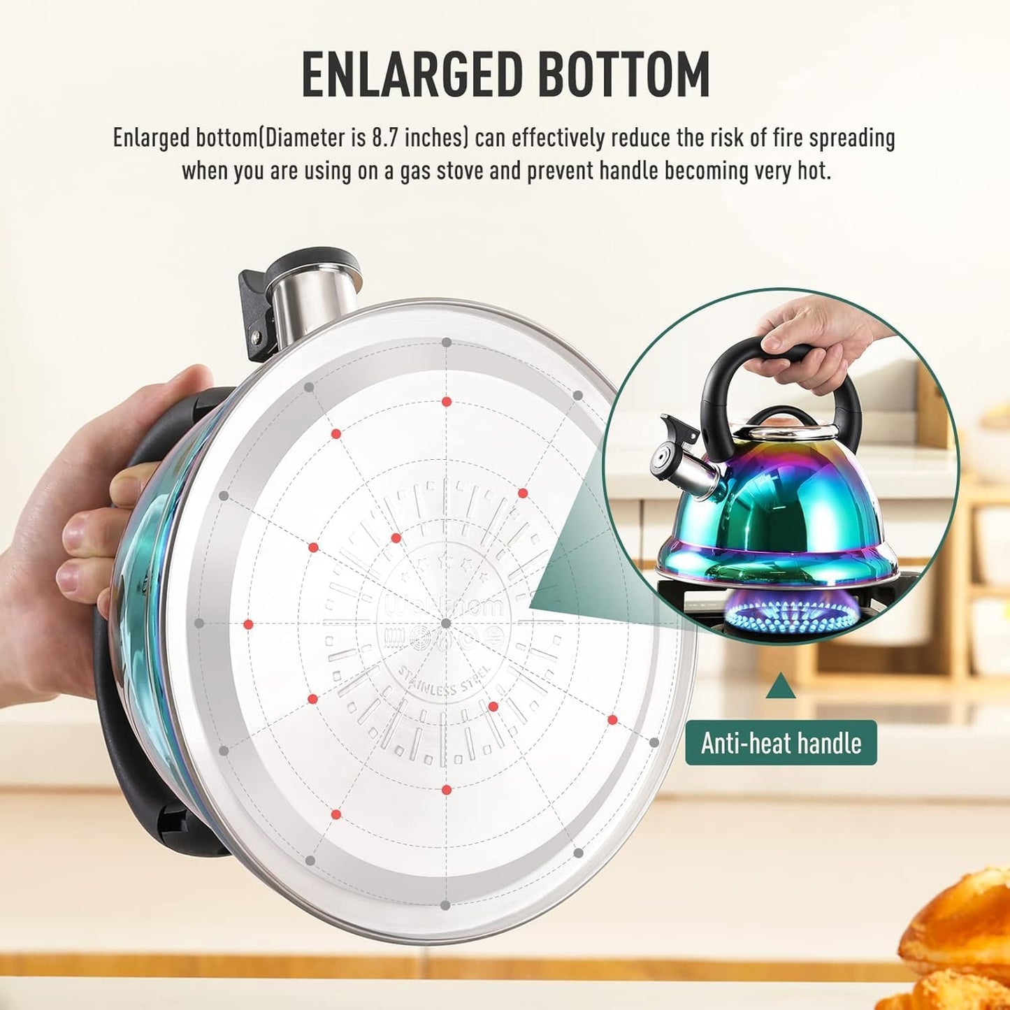 Tea Kettle, Kettle 3.7QT, Tea Pot Whistling 316 Stainless Steel, Tea Kettle Stovetop with Cool Folding Handle, Kettle Teapot Rainbow Induction for Boiling Water, Mirror Finish