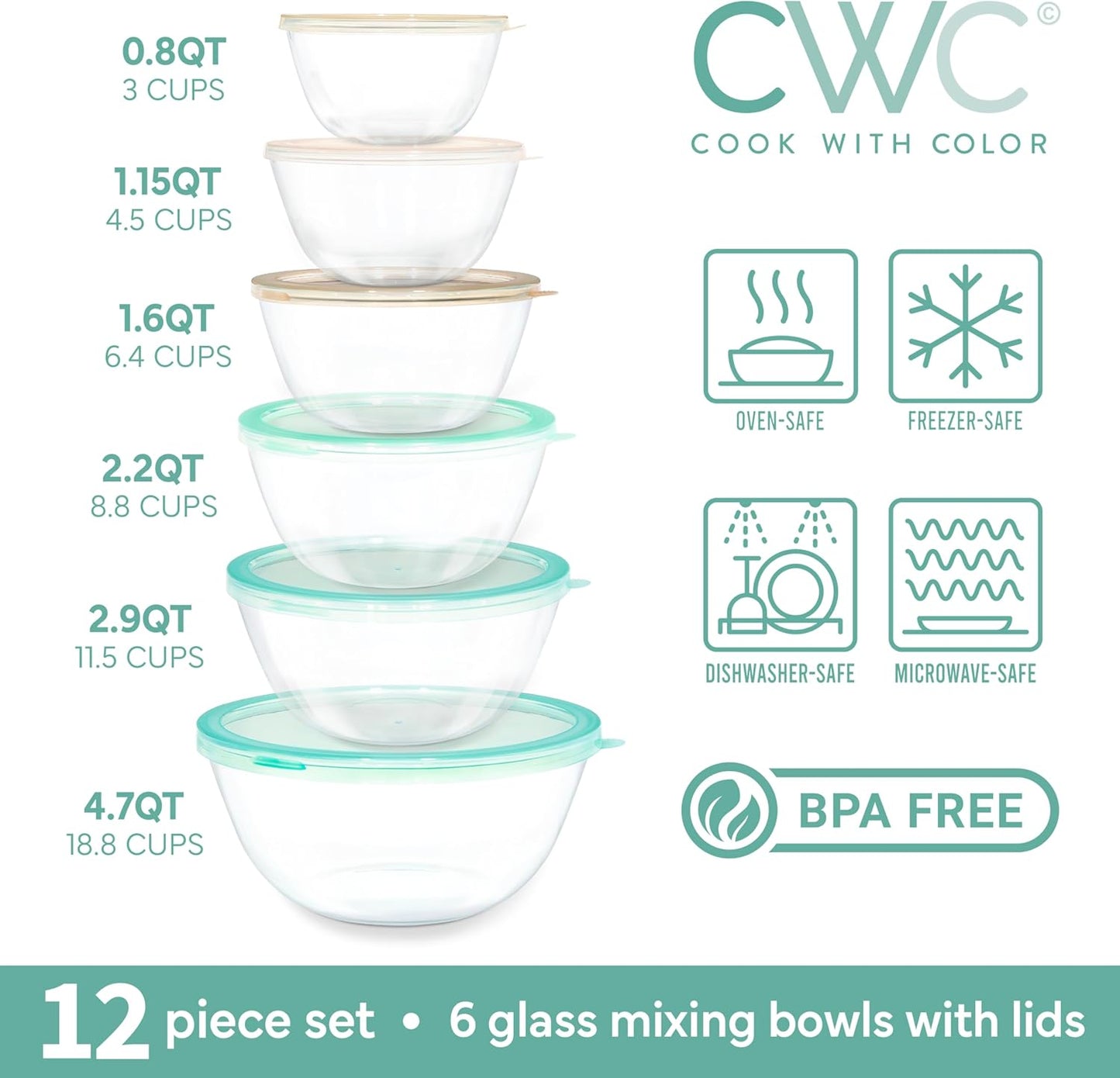 COOK WITH COLOR 12 Pc Glass Mixing Bowl Set with Lids – Borosilicate Glass Nesting Bowls for Cooking, Baking and Meal Prep, Mint