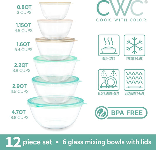 COOK WITH COLOR 12 Pc Glass Mixing Bowl Set with Lids – Borosilicate Glass Nesting Bowls for Cooking, Baking and Meal Prep, Mint