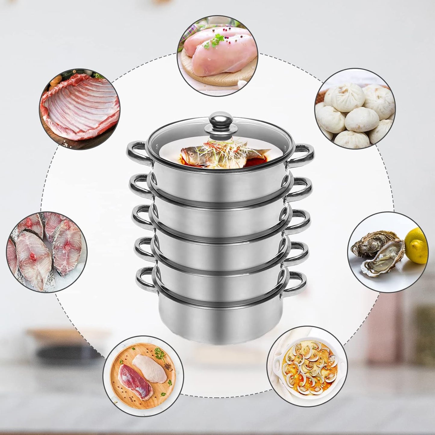 5 Tier Stainless Steel Cooking Steamer - 26/28/30cm Steamer Pot with Glass Lid for Home Kitchen Restaurant