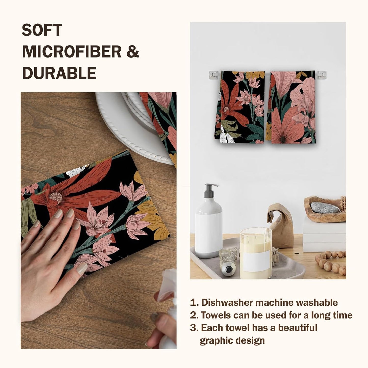 Boho Kitchen Towels, Colorful Flowers House Hand Towel Set of 2, Vintage Gifts for Home Bathroom Holiday Decor - A04