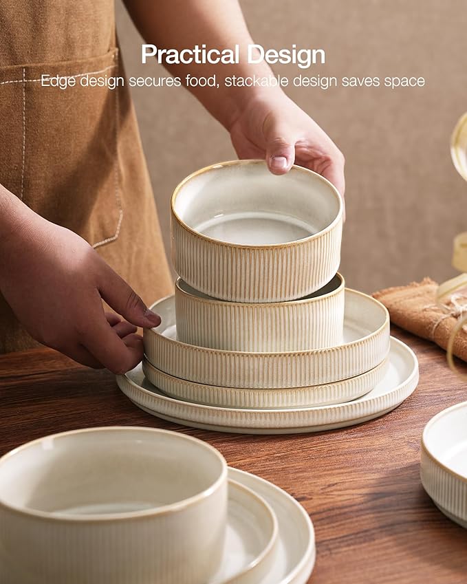 Famiware Star Dinnerware Set with Mugs, Service for 6 (24 Pieces), Ribbed Stoneware Plates and Bowls Dishes Sets - Chip & Scratch Resistant, Microwave & Dishwasher Safe, Cappuccino White