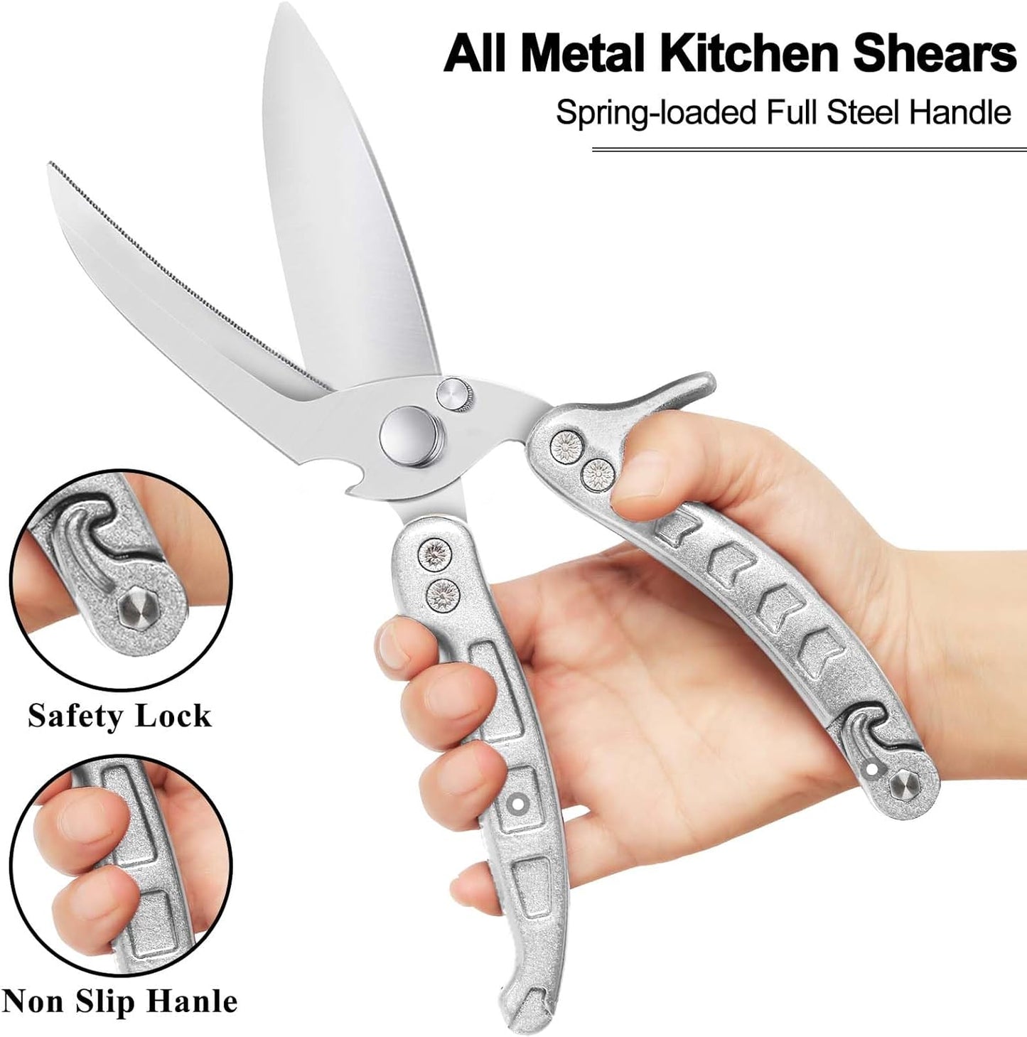 Heavy Duty Kitchen Shears, Detachable Poultry Shears with Serrated Edge, Spring-Loaded Stainless Steel Chef Scissors Cutting Bone, Chicken, Fish, Food, Meat, Silver Full Steel Handle